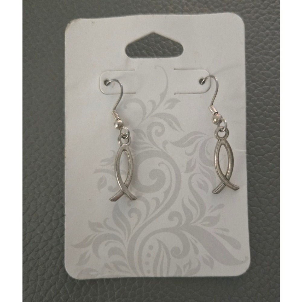 Silver Tone Ichthys Christian Jesus Fish Dangle Earrings New
